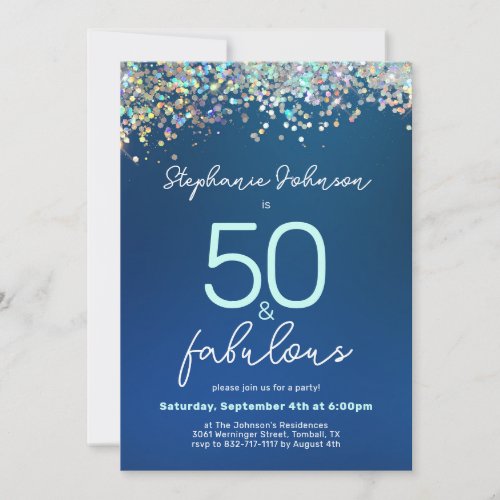 50 and Fabulous Blue Glitter Modern Glamorous  Invitation