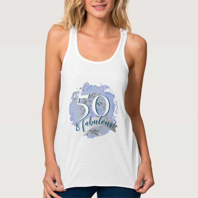 50 and fabulous! blue&white floral tank top (Front)