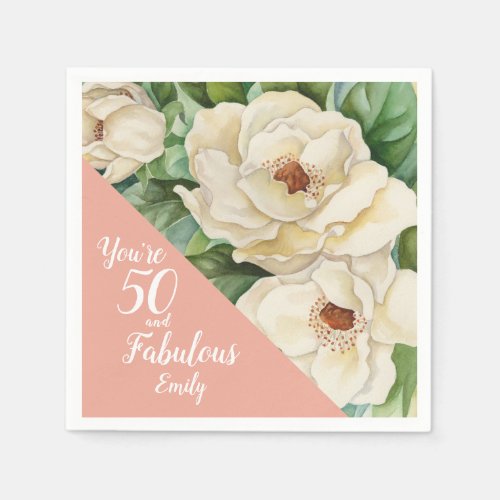 50 And Fabulous Blush Pink Floral Magnolia Name Napkins