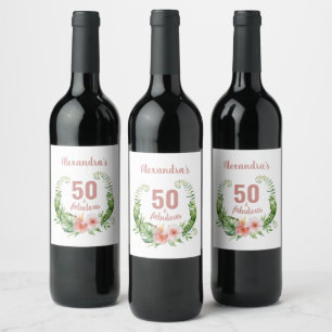 50 and fabulous blush pink modern personalized wine label