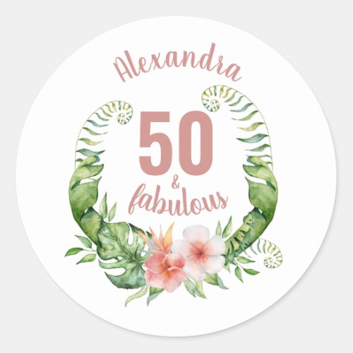 50 and fabulous blush pink modern script name classic round sticker