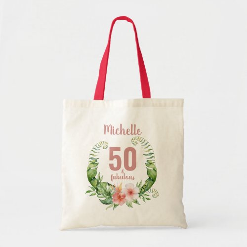 50 and fabulous blush pink personalized birthday tote bag