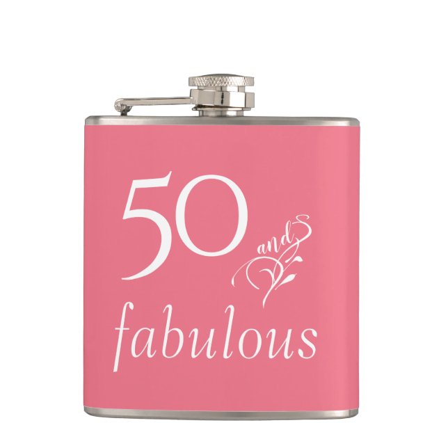 50 and fabulous Blush Rose 50th Birthday Flask (Front)