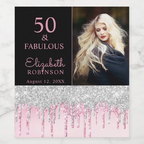 50 and Fabulous Blush Silver Drips Birthday Party Wine Label
