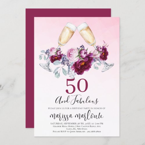 50 And Fabulous Champagne Glasses Floral Birthday  Invitation