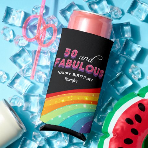 50 and Fabulous Chic Custom Rainbow Birthday Party Seltzer Can Cooler