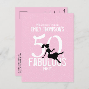50 and Fabulous Chic Pink Party Girl Silhouette Postcard