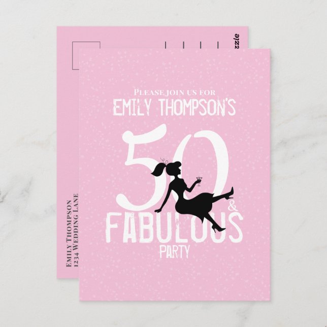 50 and Fabulous Chic Pink Party Girl Silhouette  Postcard (Front/Back)