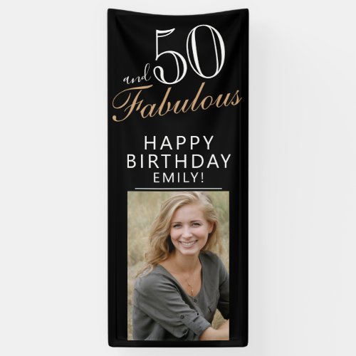 50 and Fabulous Chic Script Black Photo Party Banner