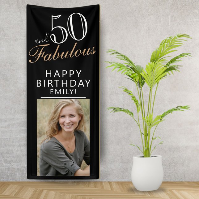 50 and Fabulous Chic Script Black Photo Party Banner (Creator Uploaded)