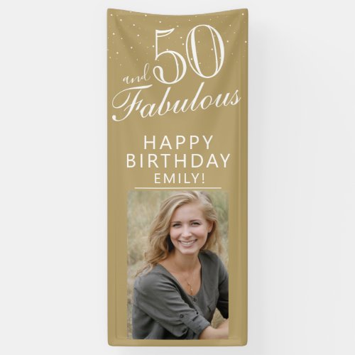 50 and Fabulous Chic Script Golden Photo Party  Banner