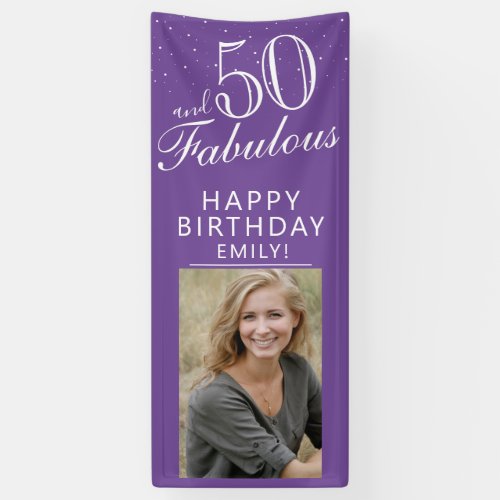 50 and Fabulous Chic Script Purple Photo Party  Banner