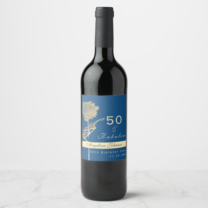 50 And Fabulous Classic Blue And Gold Rose Flower Wine Label Zazzle Com