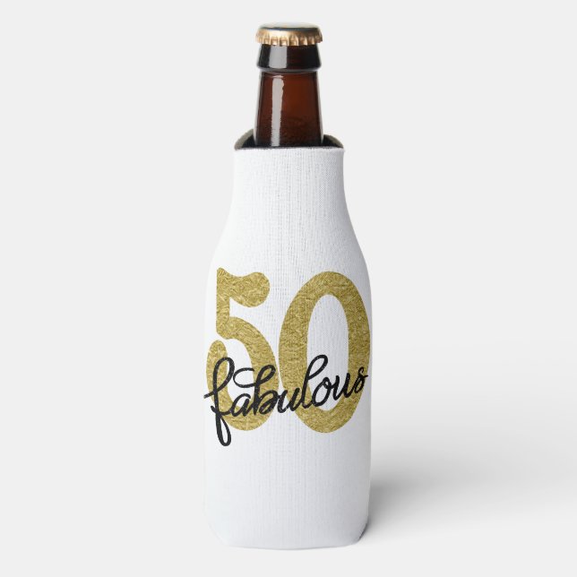 50 and Fabulous | Classy Gold Black and White Bottle Cooler (Bottle Front)