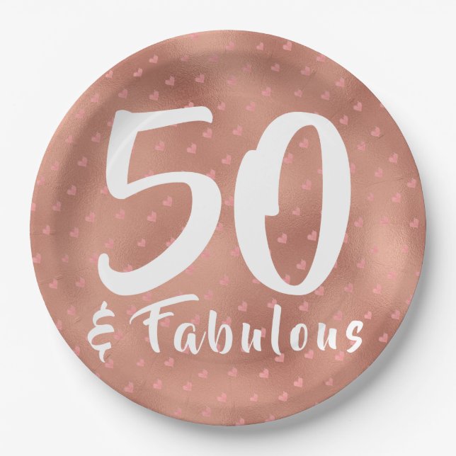 50 and Fabulous Copper  Hearts Birthday  Paper Plates (Front)