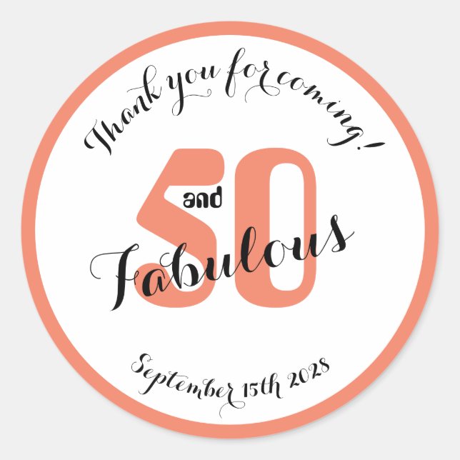 50 and Fabulous Coral 50th Birthday Favor Classic Round Sticker (Front)