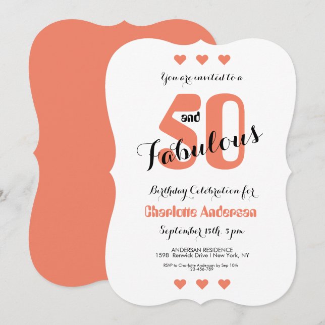 50 and Fabulous Coral Hearts 50th Birthday Party Invitation (Front/Back)
