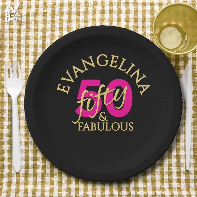 50 and Fabulous Custom Name Fiftieth Birthday Paper Plates (50 and Fabulous 50th birthday paper plate with custom name. Ideal for fiftieth birthday celebrations)