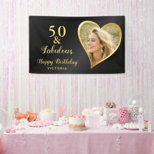 50 and Fabulous Custom Photo and Name Black & Gold Banner