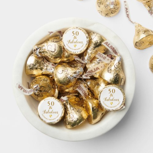 50 and Fabulous Custom White and Gold Birthday  Hersheys Kisses