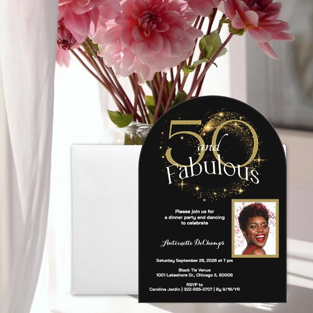 50 and Fabulous Customized Single Photo Black Gold Acrylic Invitations (Classy 50 and Fabulous Black Gold Glitter Elegant White Script Acrylic Arch Invitation)