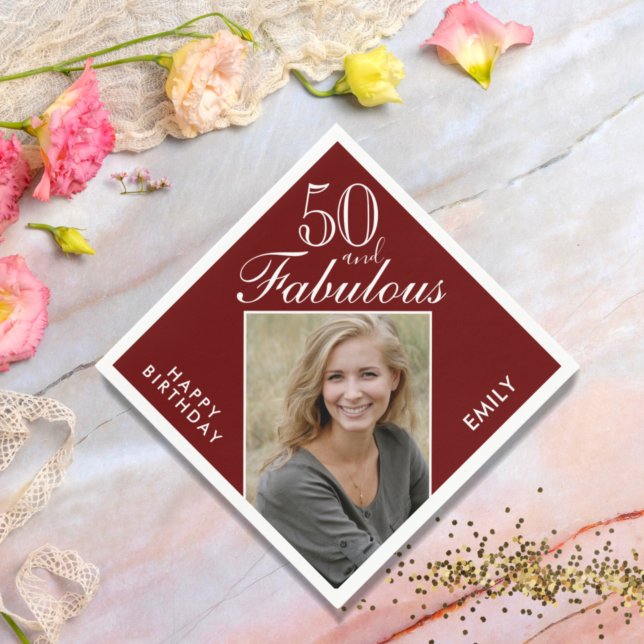 50 and Fabulous Dark Red Photo 50th Birthday  Napkins (Creator Uploaded)