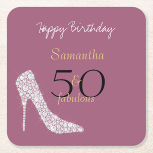 50 and Fabulous Diamond Heels Purple 50th Birthday Square Paper Coaster