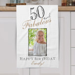 50 and Fabulous Elegant 50th Birthday Photo Kitchen Towel<br><div class="desc">50 and Fabulous Elegant 50th Birthday Photo kitchen towel. Elegant script in black and golden colors. Add your name and photo.</div>