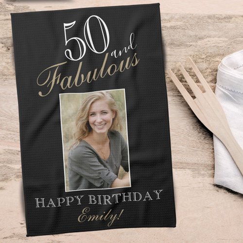 50 and Fabulous Elegant 50th Birthday Photo  Kitchen Towel