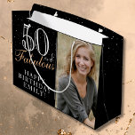 50 and Fabulous Elegant Black 50th Birthday Photo Large Gift Bag<br><div class="desc">50 and Fabulous Elegant Black 50th Birthday Photo Gift Bag. 50 and fabulous text in trendy script with a name on a black background. Personalize it with your photo,  name and the age. It`s a great personalized photo gift bag for a woman`s birthday.</div>