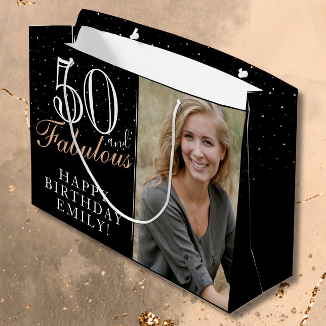 50 and Fabulous Elegant Black 50th Birthday Photo Large Gift Bag (Creator Uploaded)