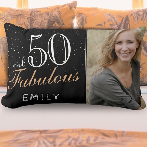 50 and Fabulous Elegant Black 50th Birthday Photo Lumbar Pillow