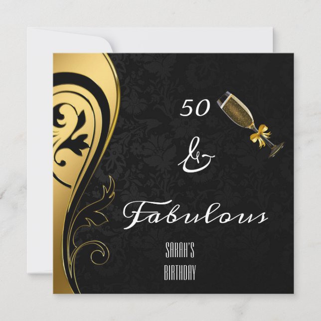 50 and Fabulous Elegant Black & Gold Birthday  Invitation (Front)
