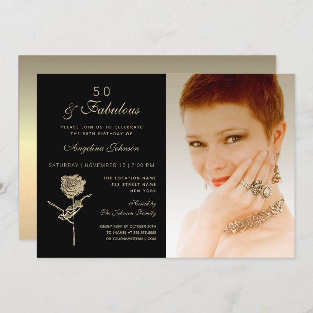 50 and Fabulous , Elegant Black Gold Floral Photo Invitation (Front/Back)