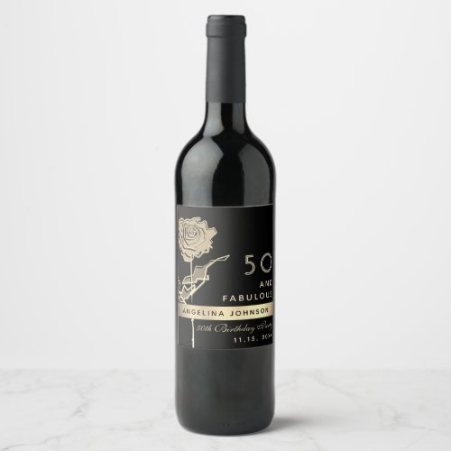 50 and Fabulous Elegant Black  Gold Rose Flower Wine Label