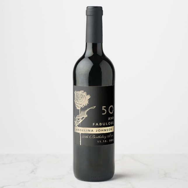 50 and Fabulous Elegant Black & Gold Rose Flower Wine Label (Front)
