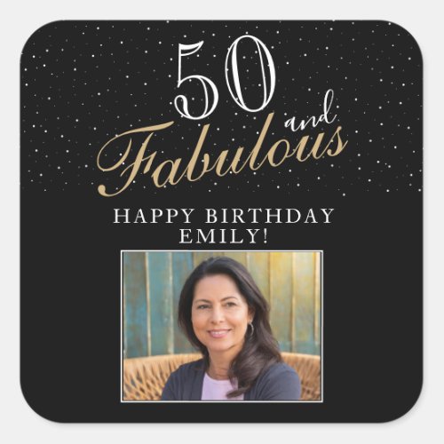50 and Fabulous Elegant Black Photo 50th Birthday Square Sticker