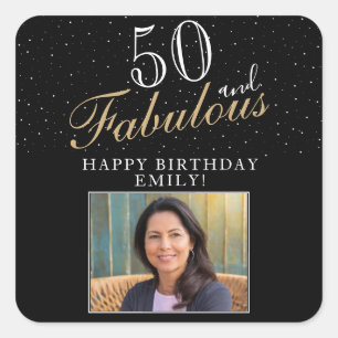 50 and Fabulous Elegant Black Photo 50th Birthday Square Sticker