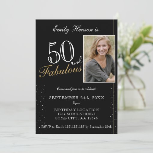50 and Fabulous Elegant Black Photo Birthday Invitation | Zazzle