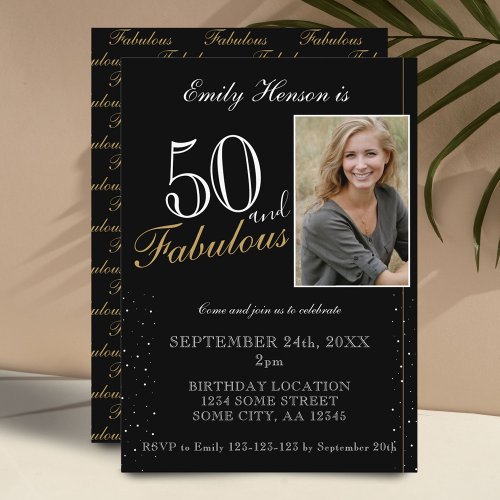 50 and Fabulous Elegant Black Photo Birthday  Invitation