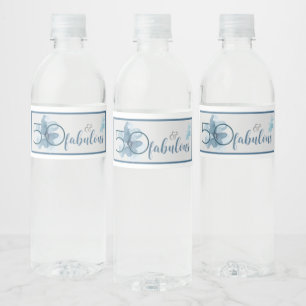 50 and Fabulous Elegant Blue Floral Watercolor Water Bottle Label