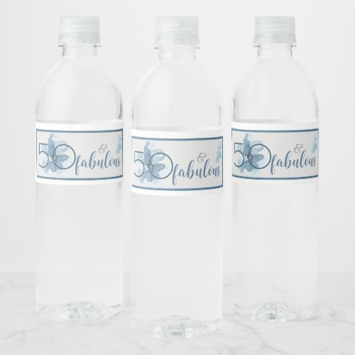 50 and Fabulous Elegant Blue Floral  Watercolor  Water Bottle Label