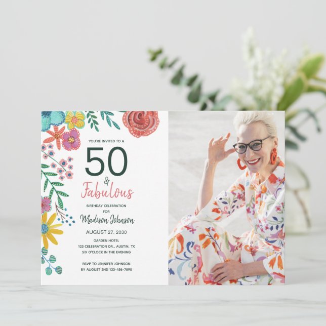 50 and fabulous elegant floral watercolor  invitation (Standing Front)