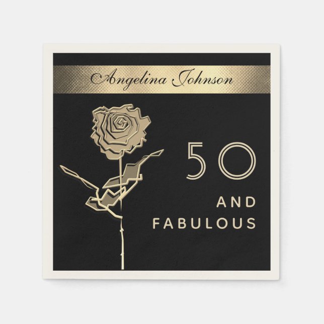 50 and Fabulous Elegant Glam Black and Gold Flower Napkins (Front)