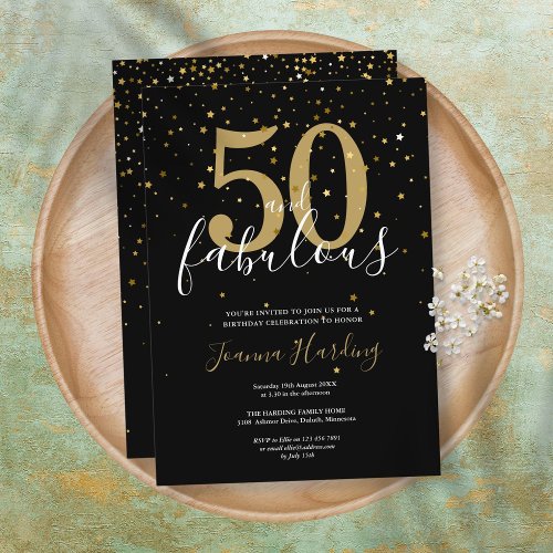 50 and Fabulous Elegant Gold Black 50th Birthday Invitation