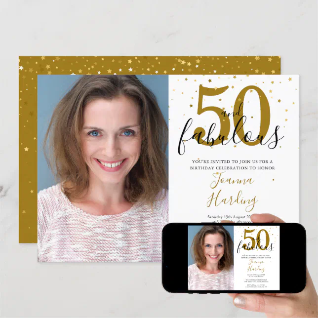 50 and Fabulous Elegant Gold Black Birthday Photo Invitation | Zazzle