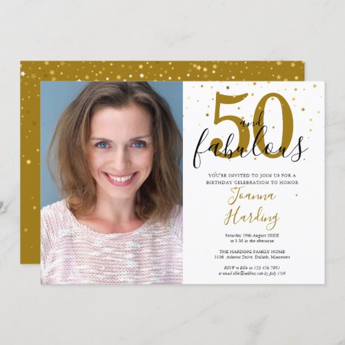 50 and Fabulous Elegant Gold Black Birthday Photo Invitation