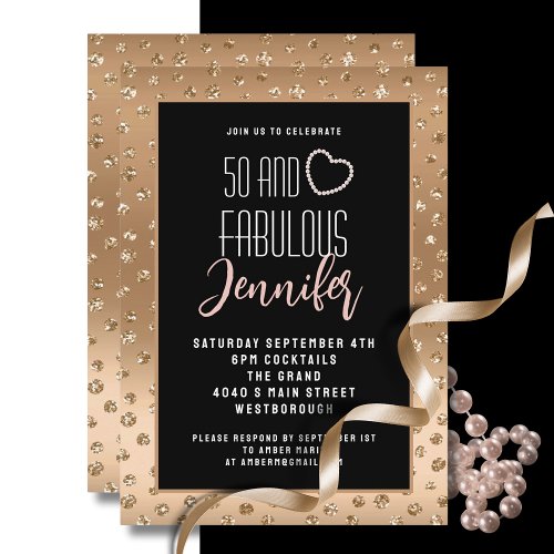 50 and Fabulous Elegant Gold Black Blush Birthday  Invitation