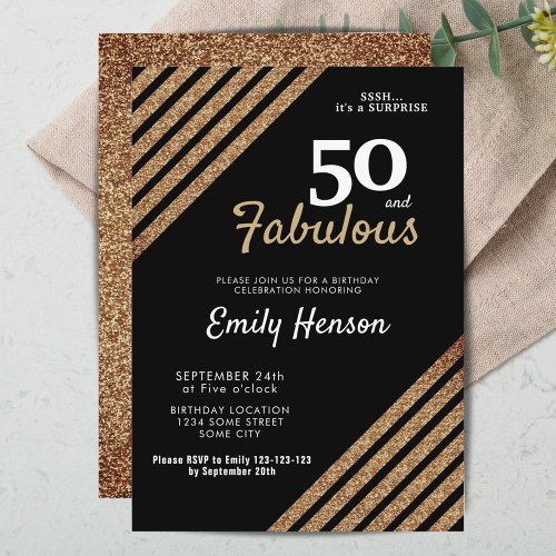 50 and Fabulous Elegant Gold Glitter 50th Birthday Invitation