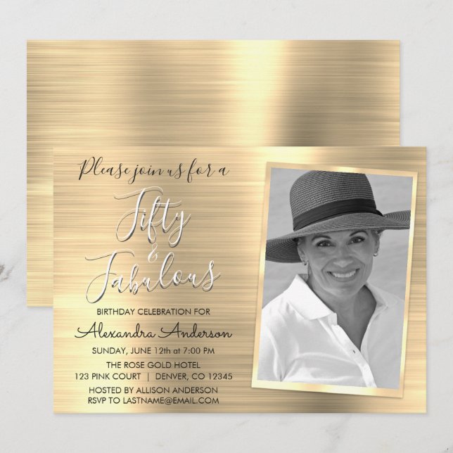 50 and Fabulous Elegant Gold Photo Invitation (Front/Back)